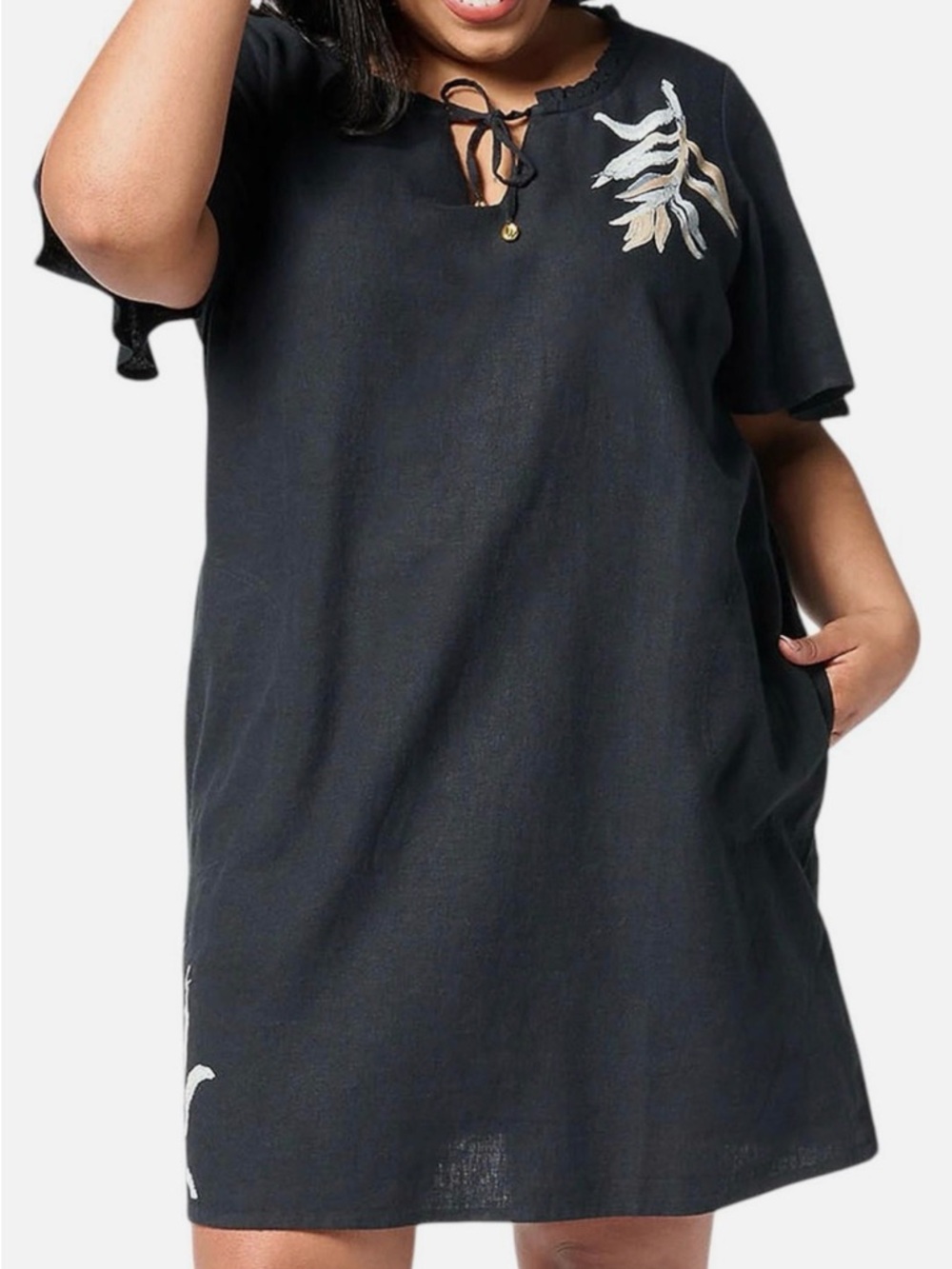 New Susan Graver Soleil Linen Viscose Printed CoverUp w/ Ties Black size Large